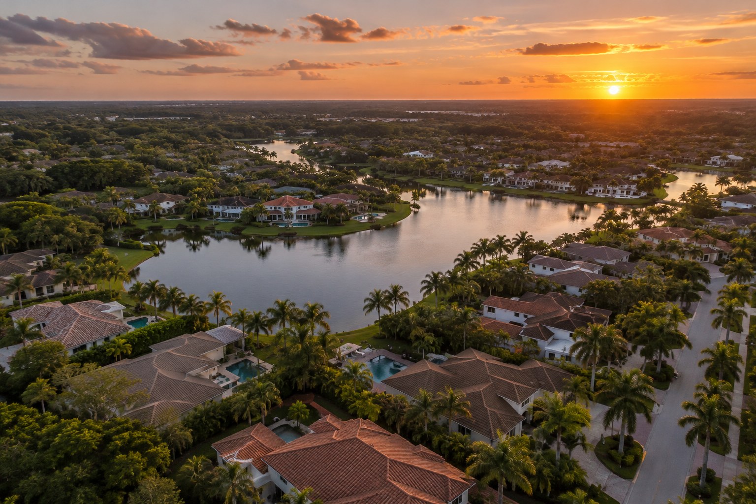 A South Miami-Dade neighborhood at sunset, illustrative