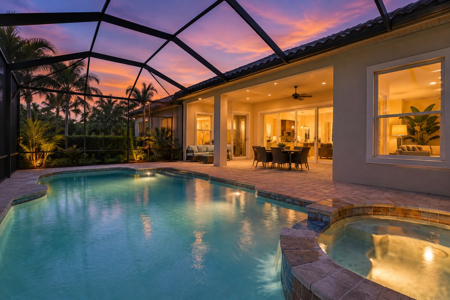 A South Florida home at dusk, illustrative